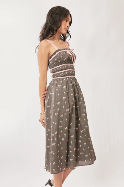 Contrast Velvet Tape Smocking Bodice Midi Dress in Mocha Brown - product view 8