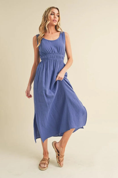 Side Slit Round Neck Sleeveless Tank Dress - Dusty Blue - product view 1
