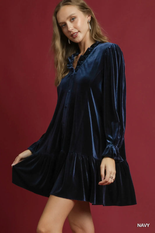 Velvet Ruffle Trim Mini Dress in Navy - product view 2