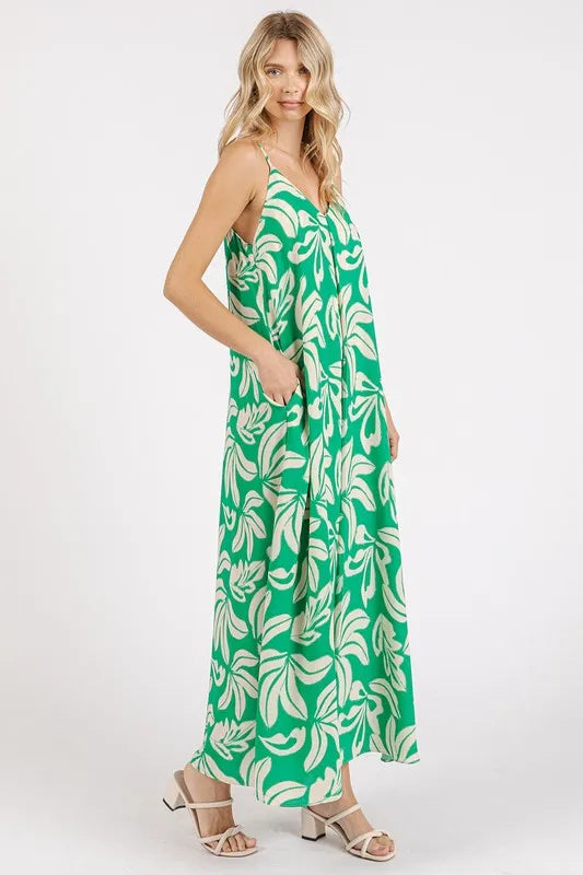Printed V-Neck Maxi Cami Dress with Pockets - Kelly Green - product view 4