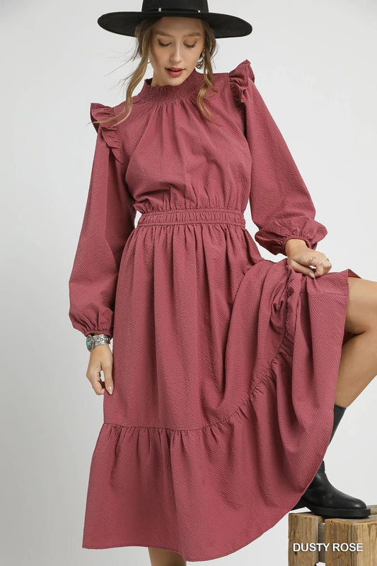 Textured Midi Dress with Ruffle Shoulder Detail - Dusty Rose - product view 1