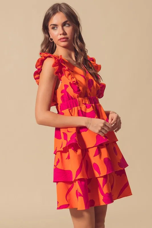 Floral V Neck Layered Dress with Elasticized Waist in Orange/Fuchsia - product view 7
