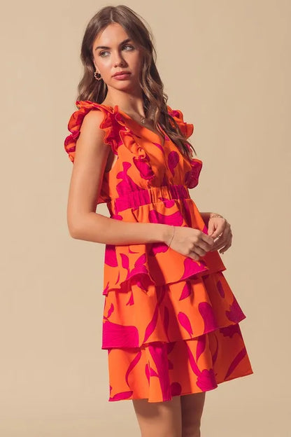 Floral V Neck Layered Dress with Elasticized Waist in Orange/Fuchsia - product view 7