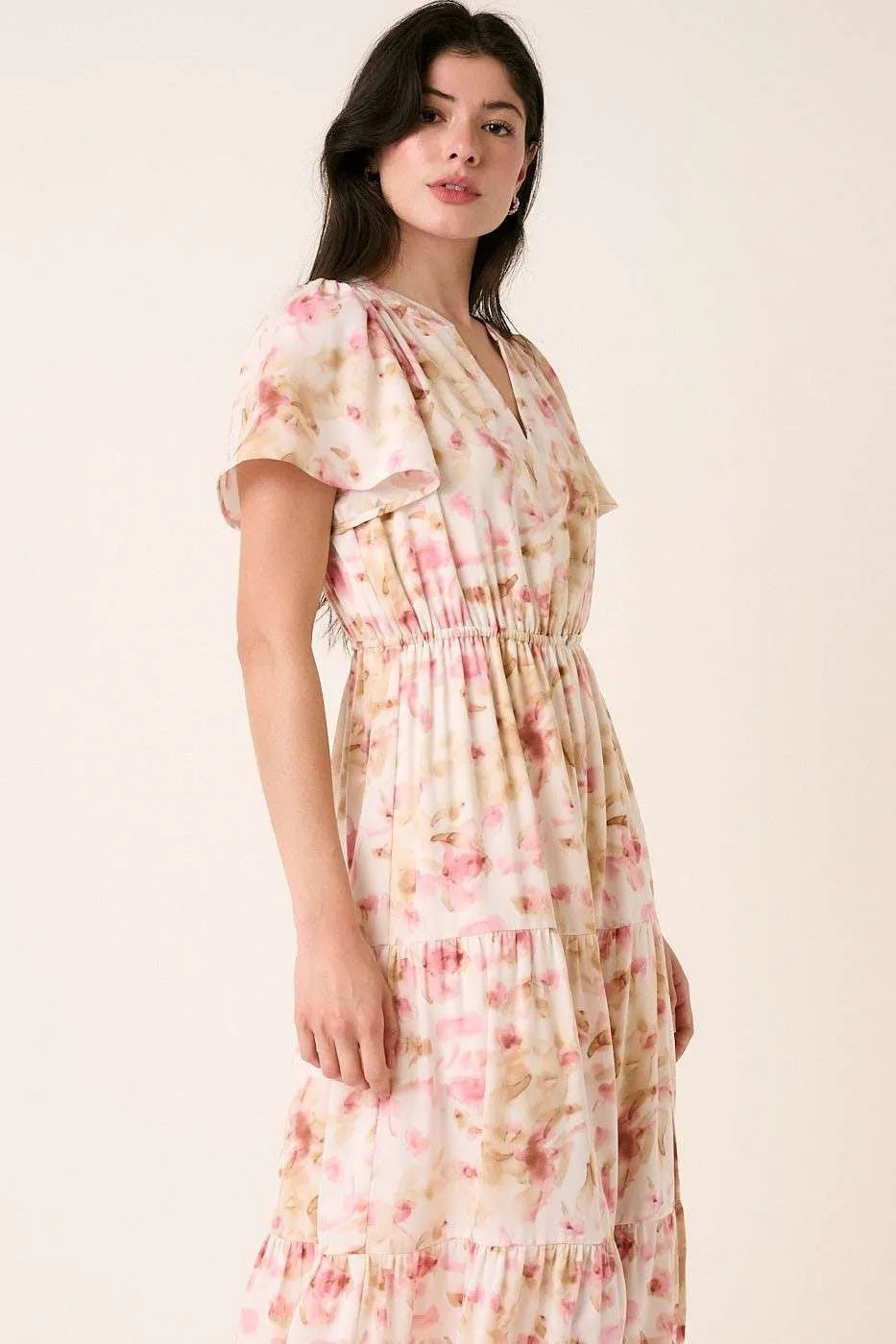 Flower Print Flutter Sleeve V Slit Maxi Dress - Pink - product view 2