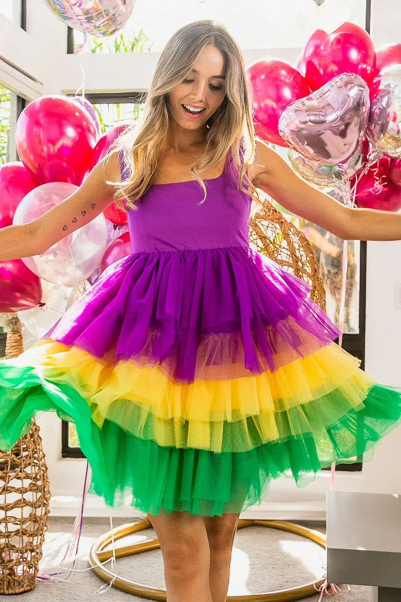 Mardi Gras Color Block Layered Mesh Tiered Dress in Purple/Mustard/Green - product view 2