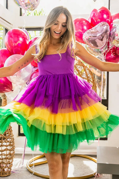 Mardi Gras Color Block Layered Mesh Tiered Dress in Purple/Mustard/Green - product view 2