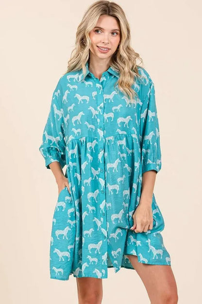 Zebra Print Button Down Shirt Mini Dress - Seagreen - product view 1