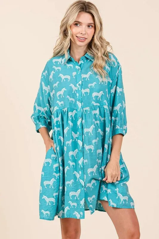 Zebra Print Button Down Shirt Mini Dress - Seagreen - product view 1