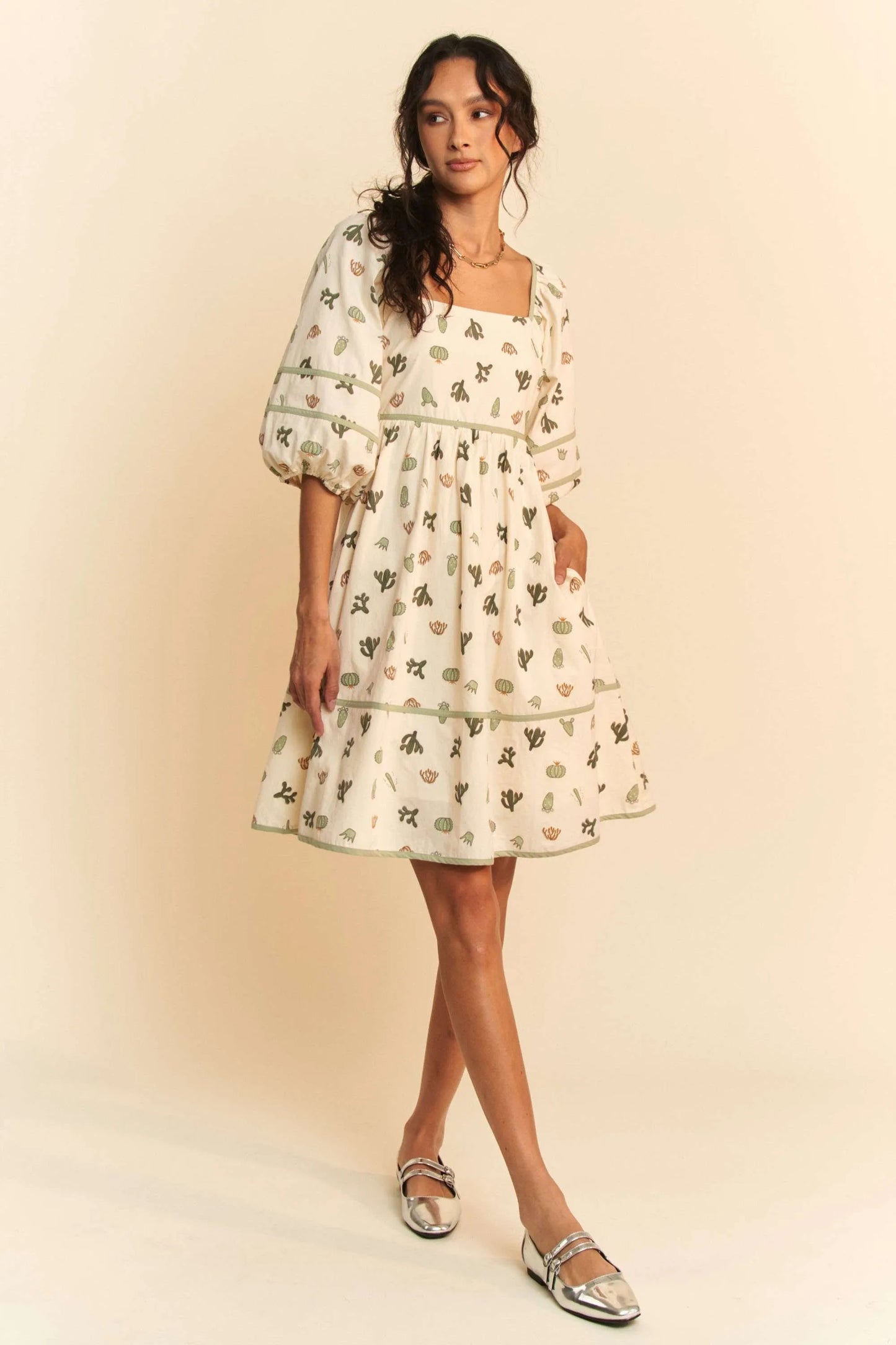 Cactus Printed Poplin Contrast Piping Mini Dress in Cream/Green - product view 8