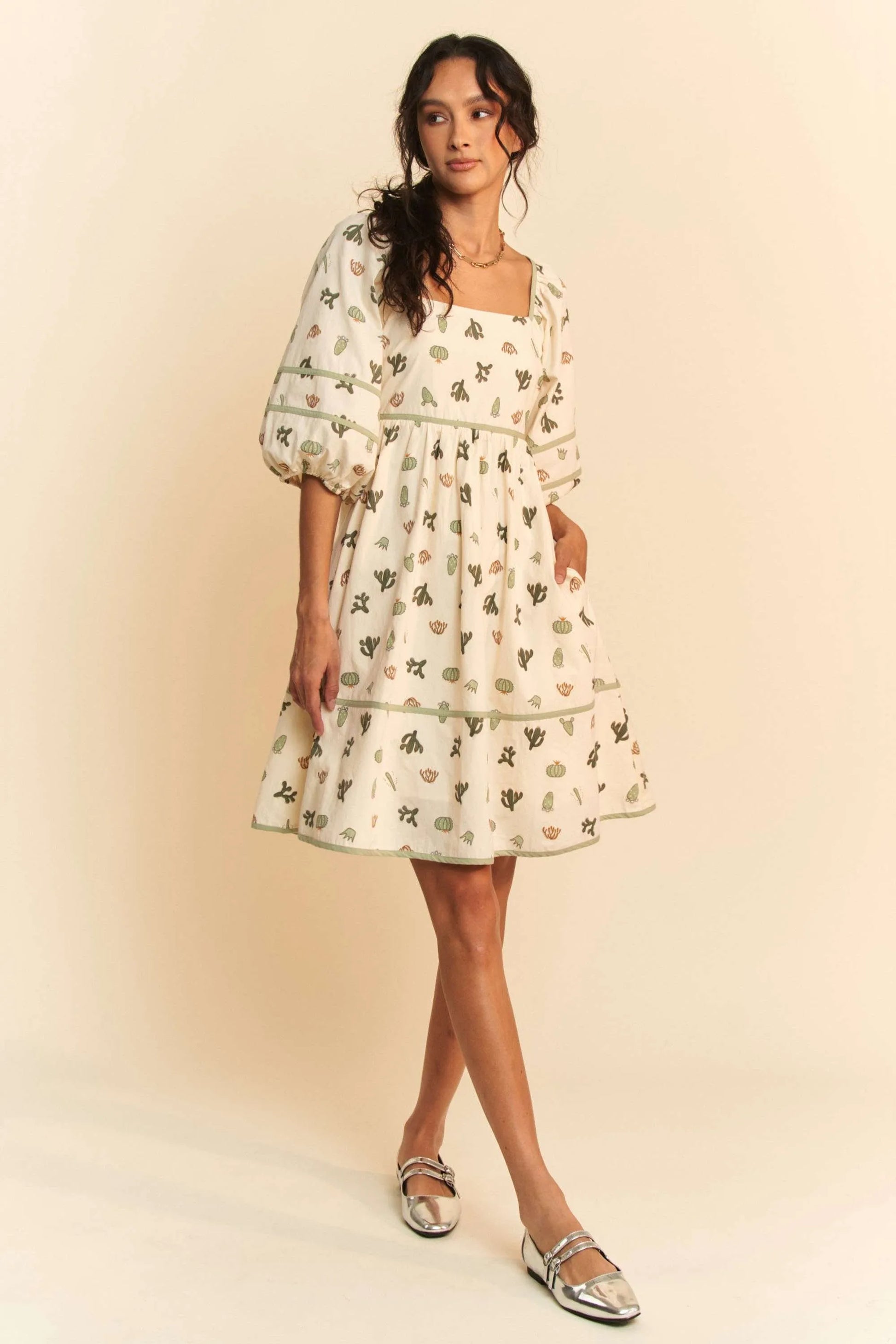 Cactus Printed Poplin Contrast Piping Mini Dress in Cream/Green - product view 8