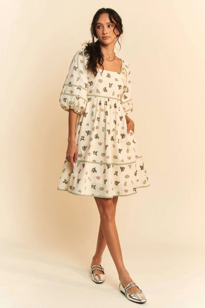 Cactus Printed Poplin Contrast Piping Mini Dress in Cream/Green - product view 8