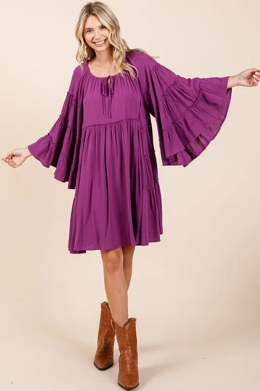 Frill Tie Neck Bell Sleeve Dress - Red-Violet - product view 6
