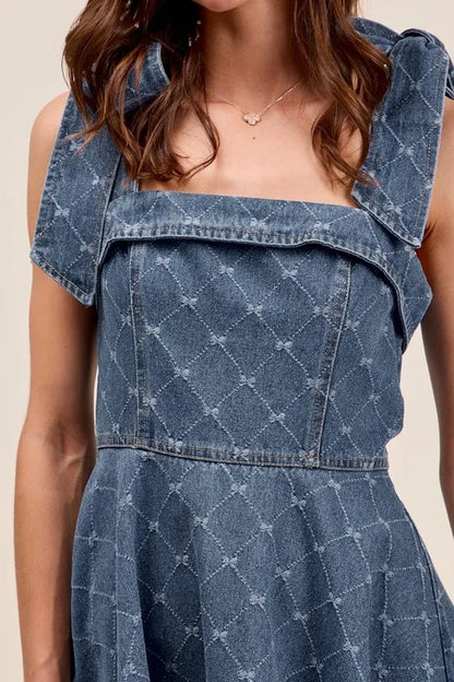 A-Line Fit and Flare Diamond Bow Ribbon Denim Dress - product view 8