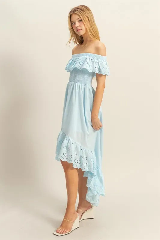 High-Low Eyelet Ruffled Off-Shoulder Dress in Pastel Blue - product view 3
