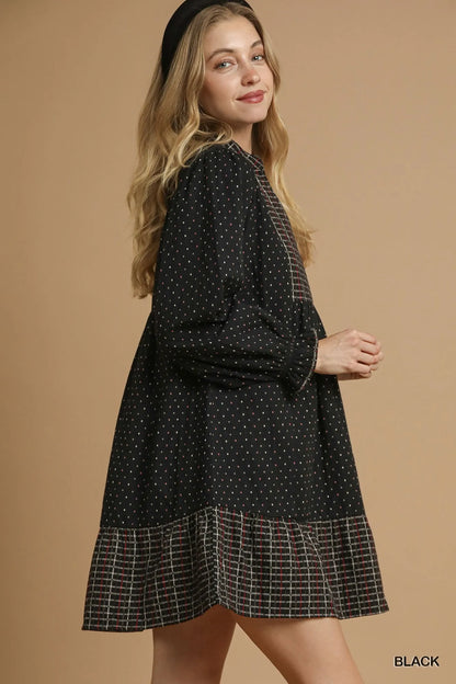 Polka Dot Plaid Trim Babydoll Dress in Black - product view 3