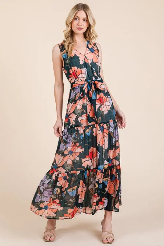 Floral Print Sleeveless Tie Waist Maxi Dress in Multi - product view 8