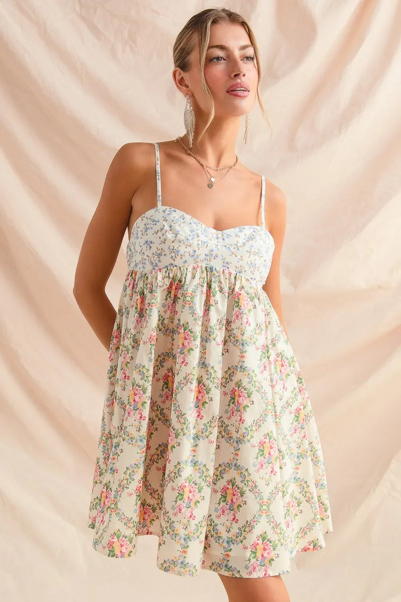 Mixed Floral Print Sleeveless Mini Dress in Cream Combo - product view 1