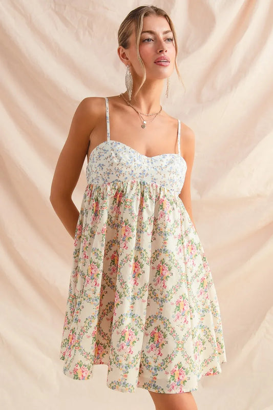 Mixed Floral Print Sleeveless Mini Dress in Cream Combo - product view 1
