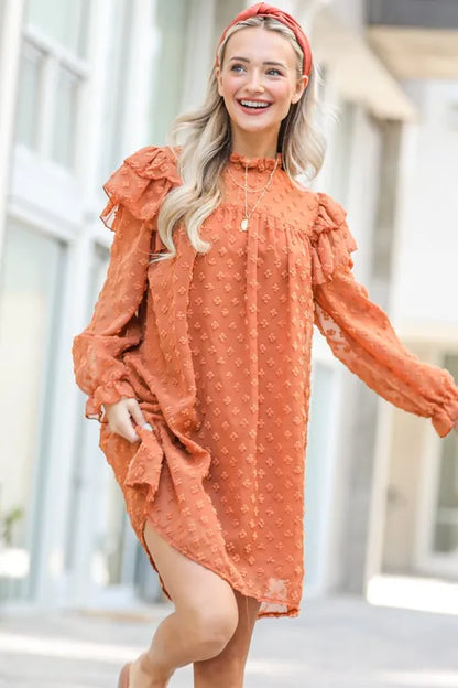 Lovely Ruffle Shoulder with Textured Woven Dress in Camel - product view 10