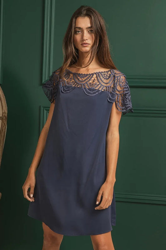 Crochet Lace Yoke Detailed Wrinkled Dress - Deep Navy - product view 1