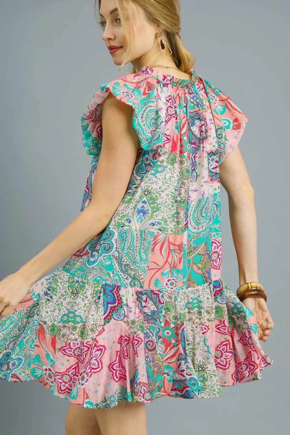Printed Ruffle Cap Sleeve Mini Dress - Blush Pink - product view 3