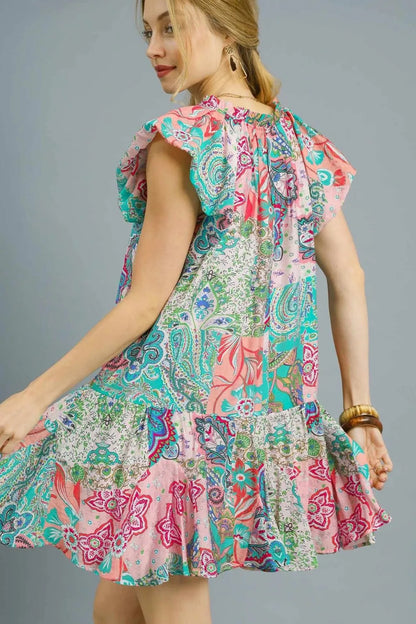 Printed Ruffle Cap Sleeve Mini Dress - Blush Pink - product view 3