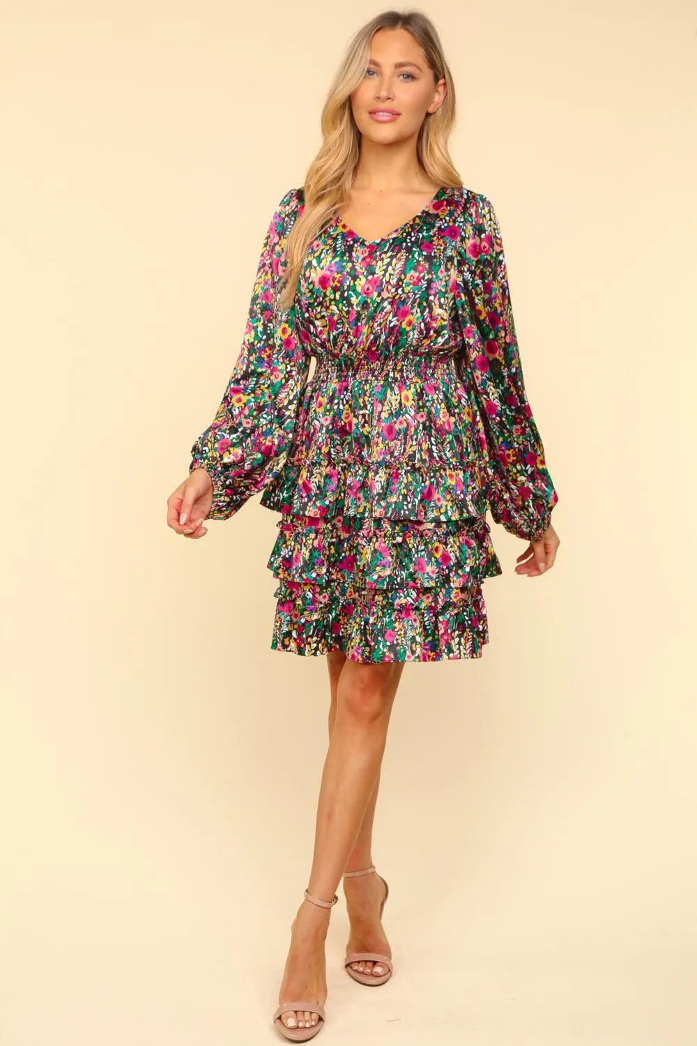 V-Neck Satin Floral Layered Dress in Multi - product view 4