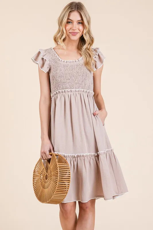 Ruffle Trim Smocked Dress with Contrast in Taupe - product view 8