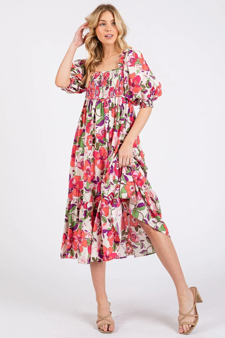 Flower Print Puff Sleeve Ruffle Smocked Midi Dress - Fuchsia - product view 2