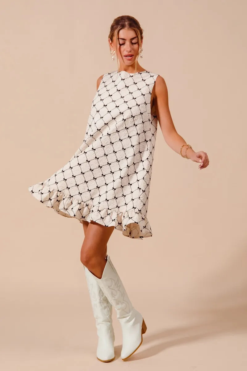 Texture Bow Printed Mini Ruffle Dress in Ivory - product view 8