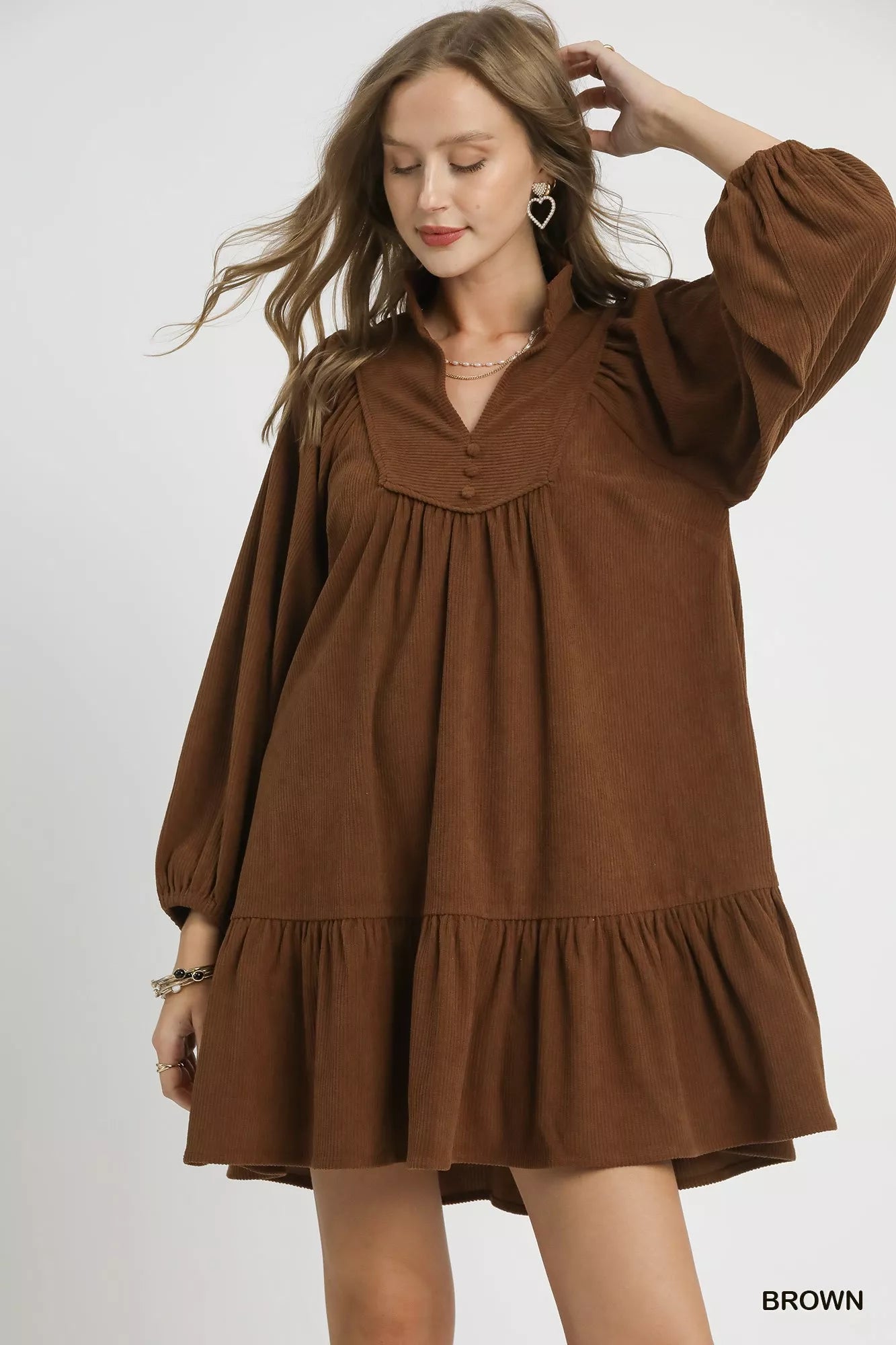 Corduroy Tiered Babydoll Dress in Brown - product view 1