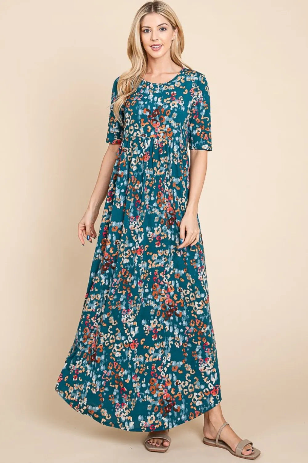 Printed Shirred Maxi Dress - Teal - product view 3