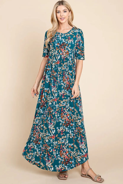 Printed Shirred Maxi Dress - Teal - product view 3
