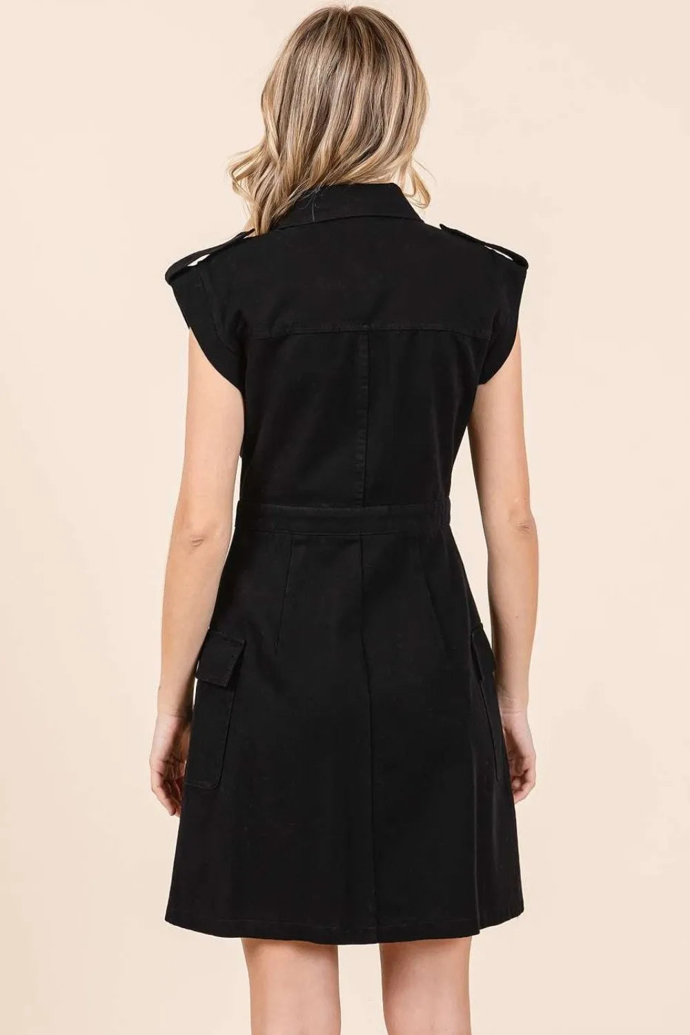 Cargo Pocket Half Button Mini Dress in Black - product view 2