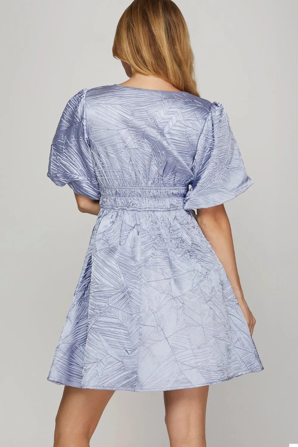 Crinkle Woven V-Neck Balloon Sleeve Mini Dress - Light Blue - product view 2