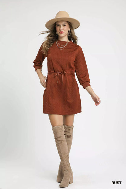 Drawstring Cable Knit Mini Dress with Pockets - Rust - product view 4