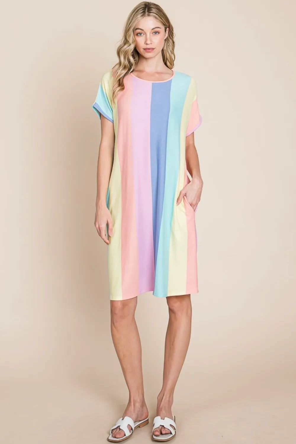 Striped Short Sleeve Dress with Pockets - Stripe - BOMBOM - Style 41996 - product view 6