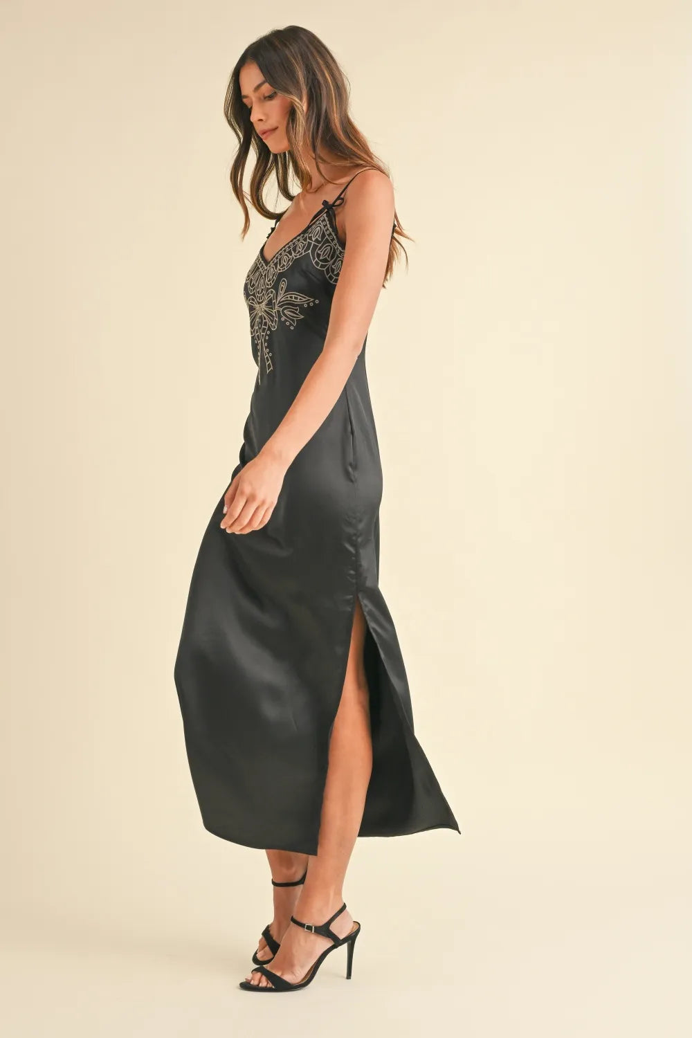 Embroidered Cami Satin Midi Slit Dress in Black - product view 3