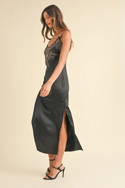 Embroidered Cami Satin Midi Slit Dress in Black - product view 3