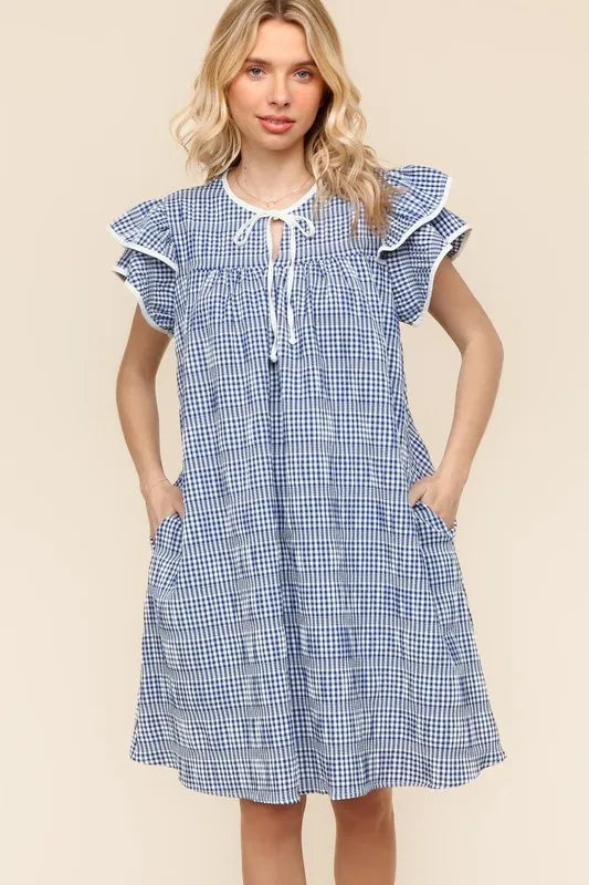 Double Ruffle Sleeve Dress with Side Pockets in Navy - product view 7