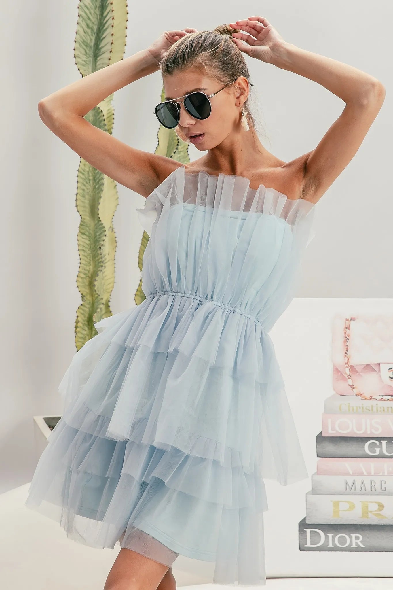 Sleeveless Layered Organza Dress in Sky Blue - product view 2