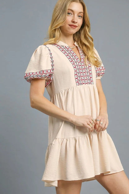 Floral Trim Puff Sleeve Mini Dress - Tan - product view 2