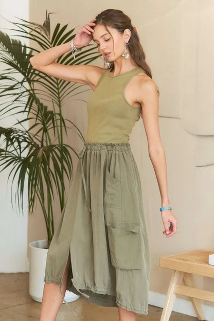 Drawstring Sleeveless Washed Dress - Lt Olive - product view 4