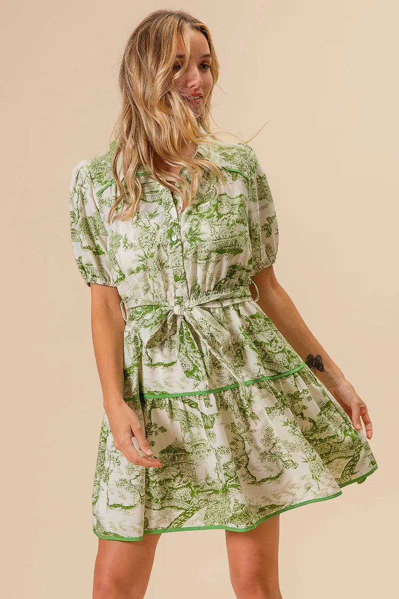Woven Printed Tiered Dress in Avocado - product view 3