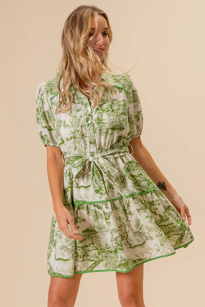 Woven Printed Tiered Dress in Avocado - product view 3