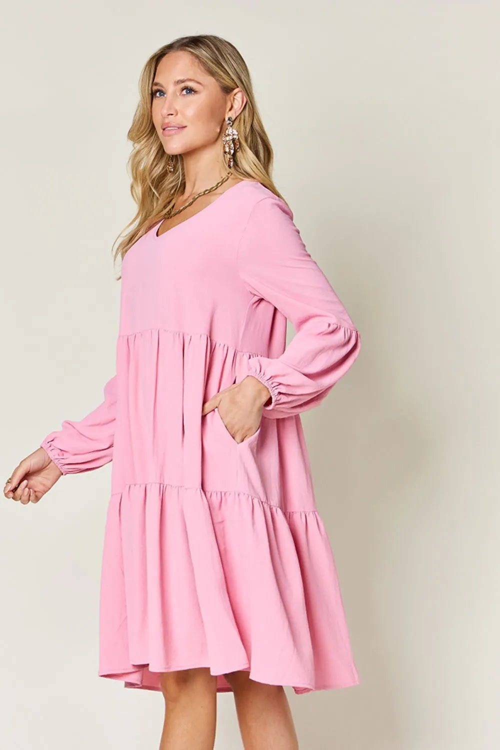 Full Size V-Neck Balloon Sleeve Tiered Dress with Pockets in Light Green, Pink and more - product view 9