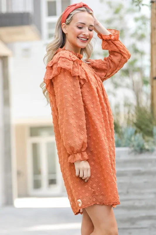 Lovely Ruffle Shoulder with Textured Woven Dress in Camel - product view 6