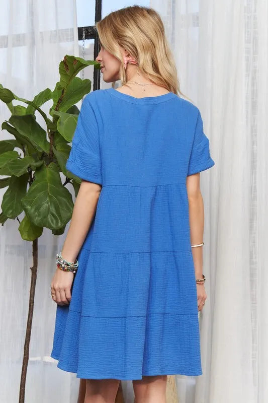 Tiered Notched Short Sleeve Dress - Blue - product view 3