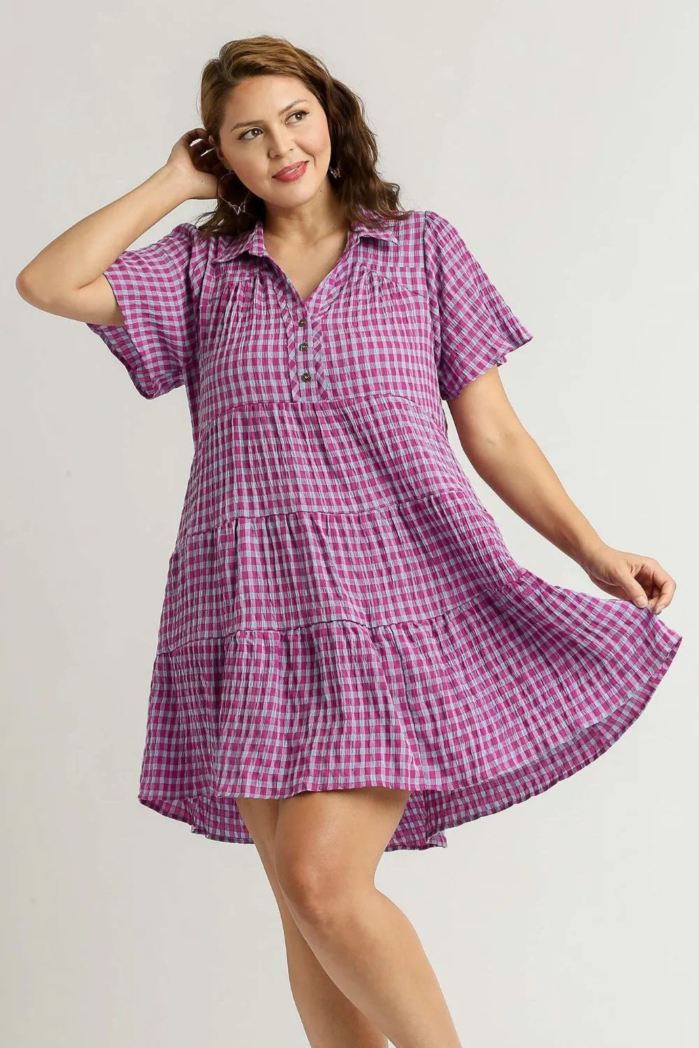 Full Size Gingham Tiered Button Detail Short Sleeve Dress Plus Size - Red-Violet - product view 4