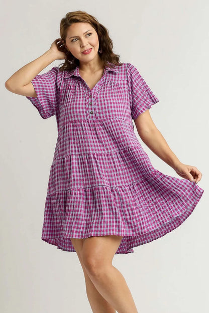 Full Size Gingham Tiered Button Detail Short Sleeve Dress Plus Size - Red-Violet - product view 4